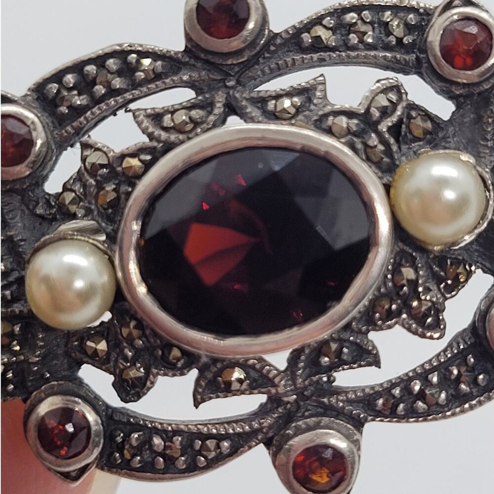 Vintage Sterling Silver Marcasite Pearl Brooch Coquette Art Deco Pin - Picture 8 of 15